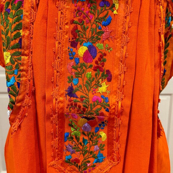 Mexican orange dress, Oaxaca dress, hand embroidery dress. - Picture 6 of 9